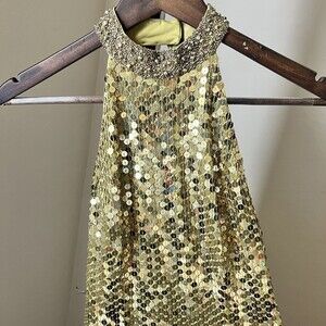 Cache Gold Sequin Dress Beaded High Neck Halter Embellished Open Back Size 4